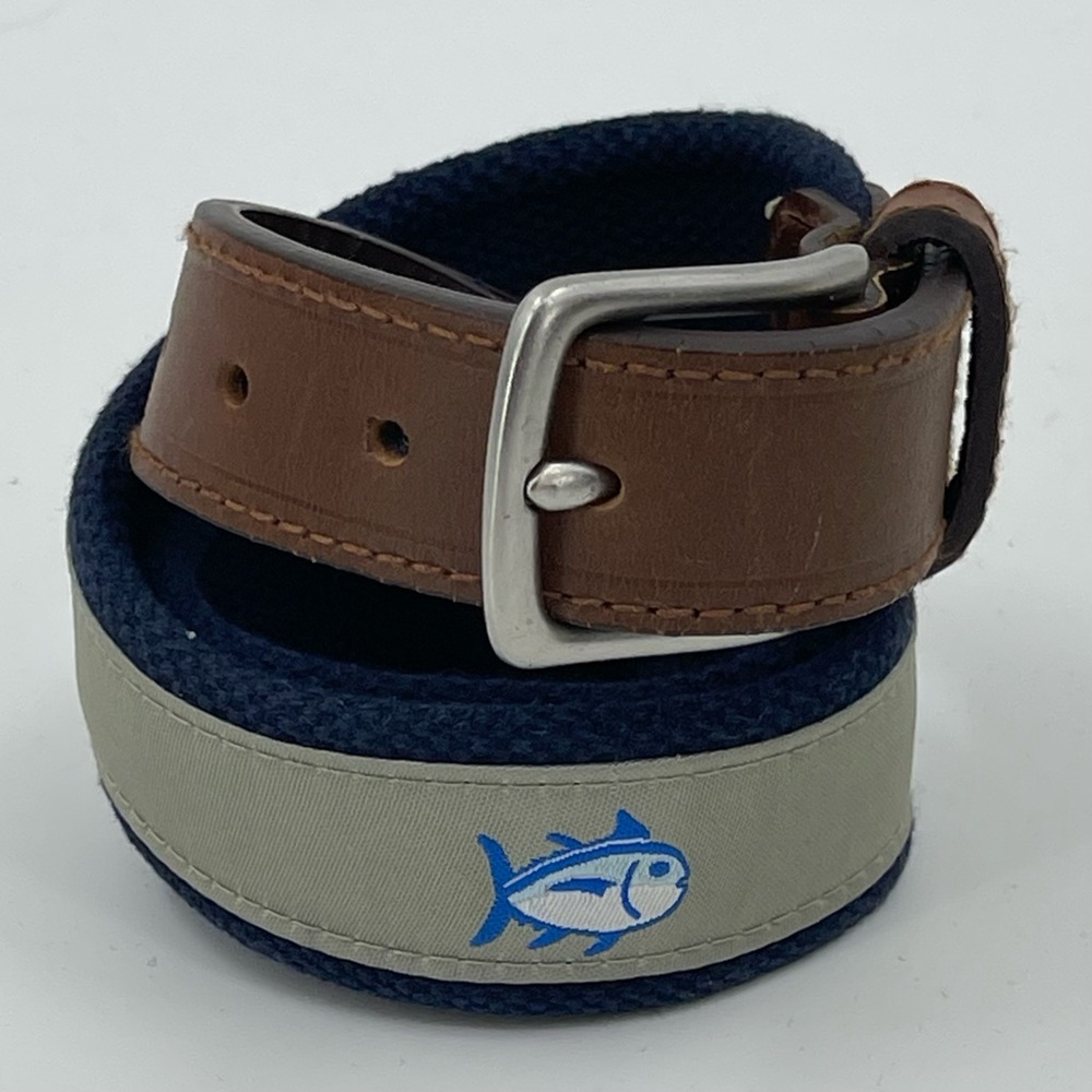 Southern Tide Boy’s 24 Skipjack Fish Belt Canvas &‎ Leather Silver & Navy Blue